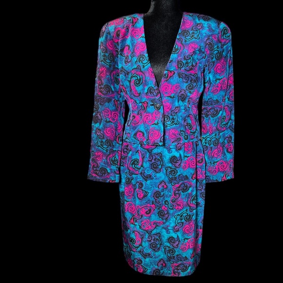 Collections By Michelle Stuart - 80's 2-Piece Vibrant Silk Suit - Size 8 - Picture 1 of 14